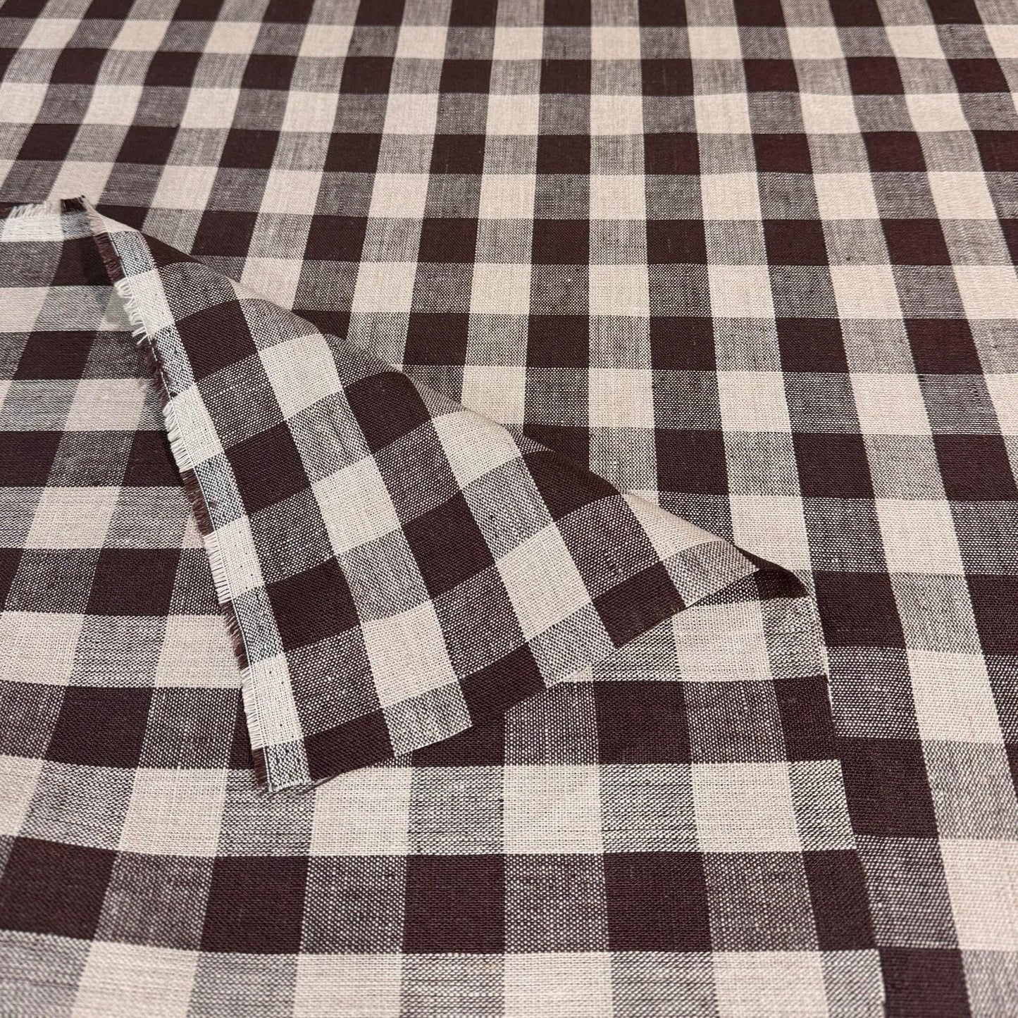 Tess Brown Check Linen Fabric- Rustic Tablecloth & Seasonal Decor