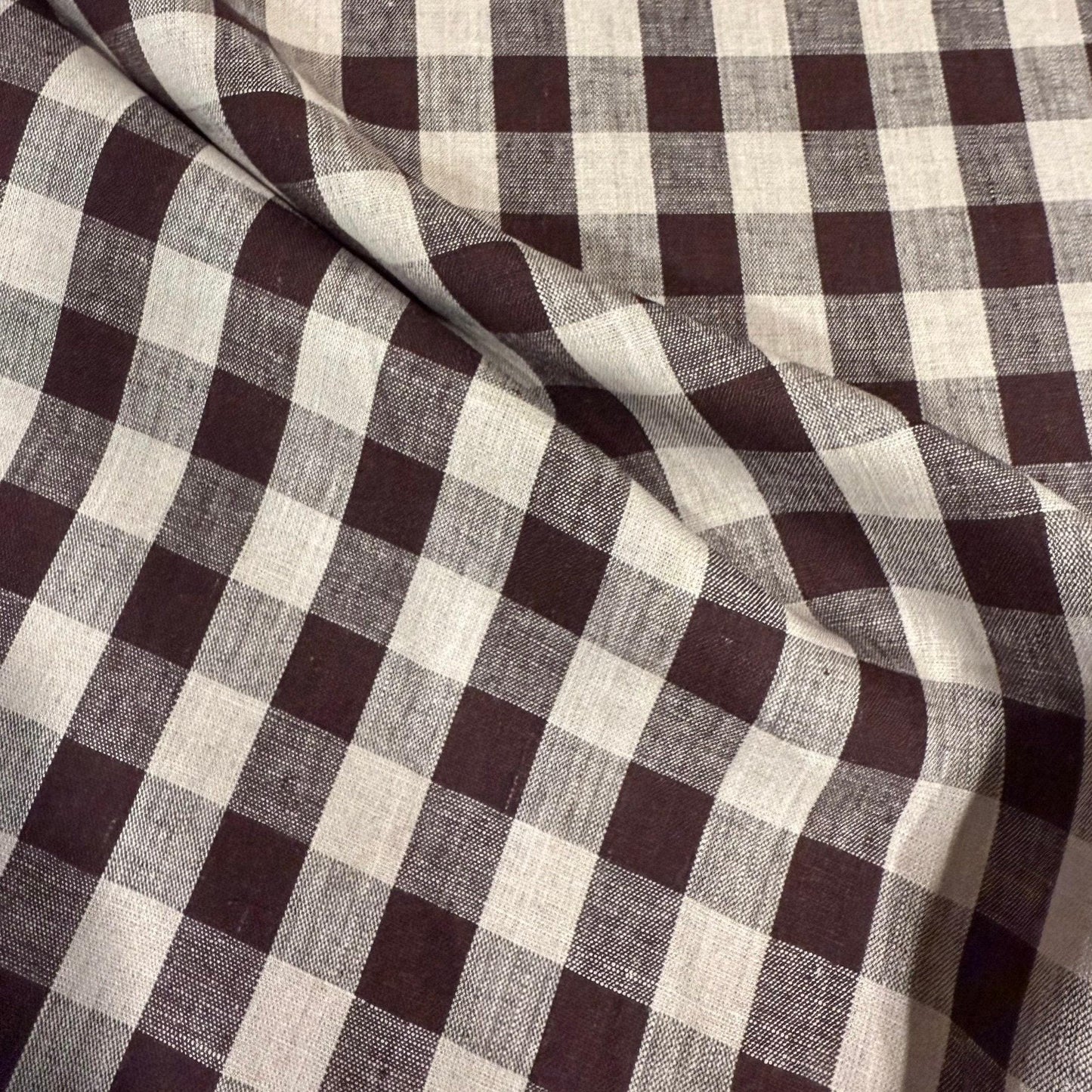 Tess Brown Check Linen Fabric- Rustic Tablecloth & Seasonal Decor