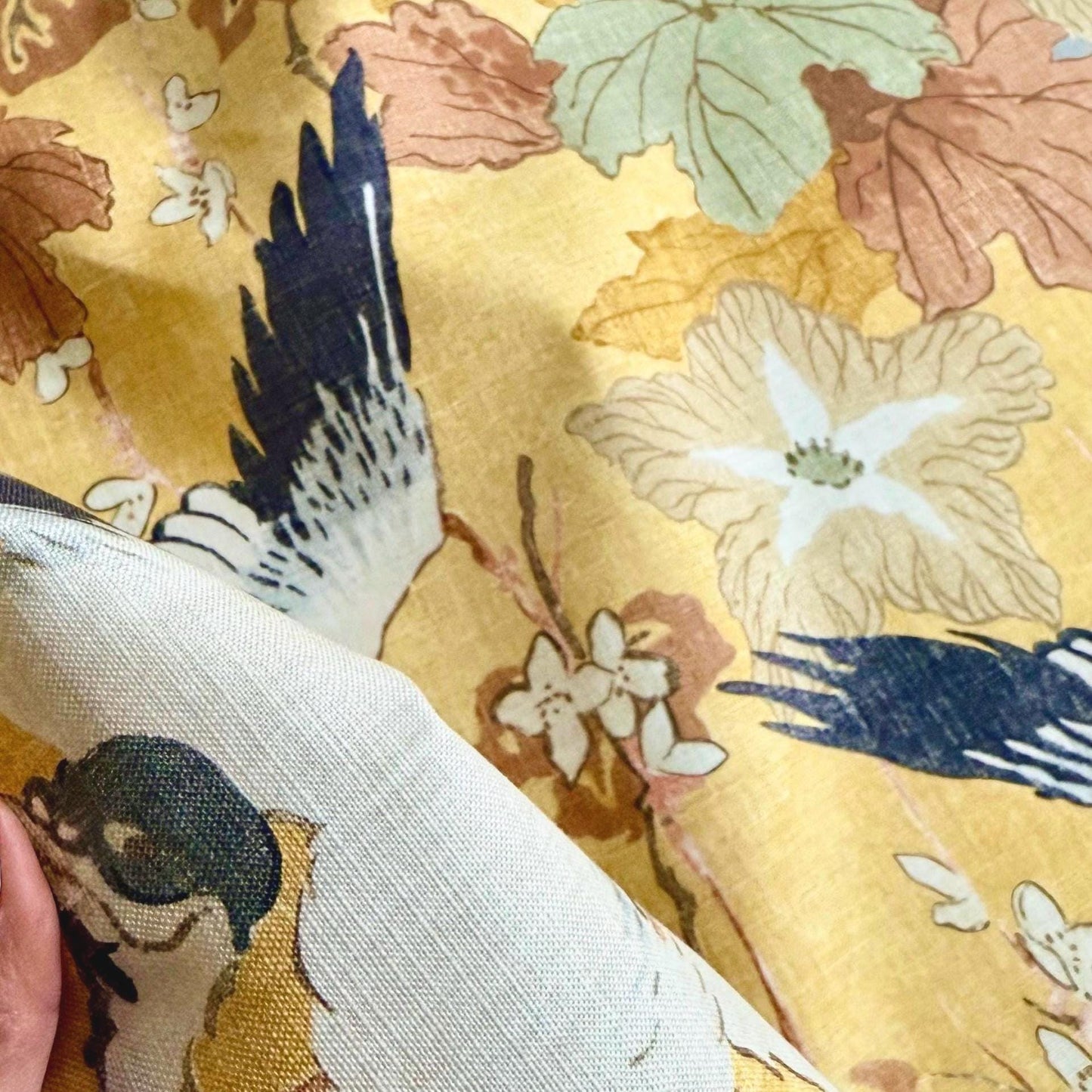 Plume Goldenrod Asian-Inspired Cotton Fabric Birds & Blossoms Design