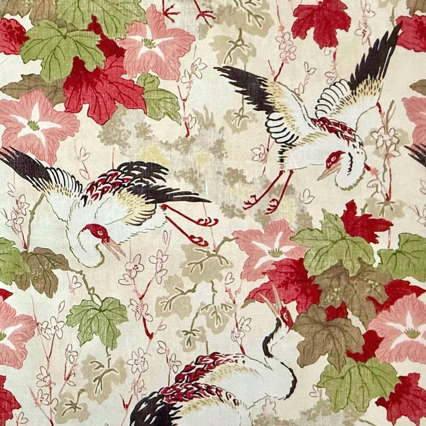 Ivory Crane Bird Print Cotton Fabric - Japanese-Inspired Textile for Home Decor
