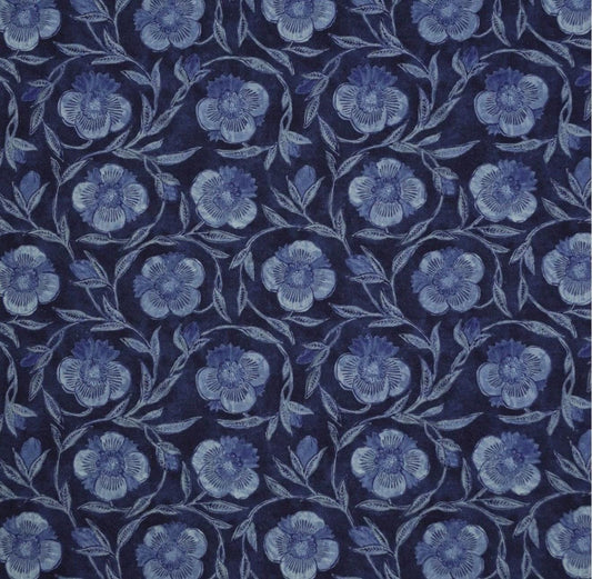 Indigo Floral Block Print Fabric in two tone navy blue showcasing its maximalist designer style large scale midnight blue fabric is perfect for window drapery yardage and enhancing home decor