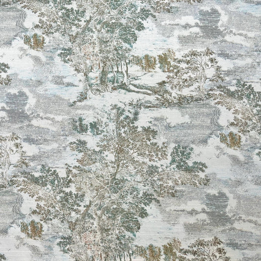 French Toile Fabric Scenic Landscape Print Duck Egg Blue