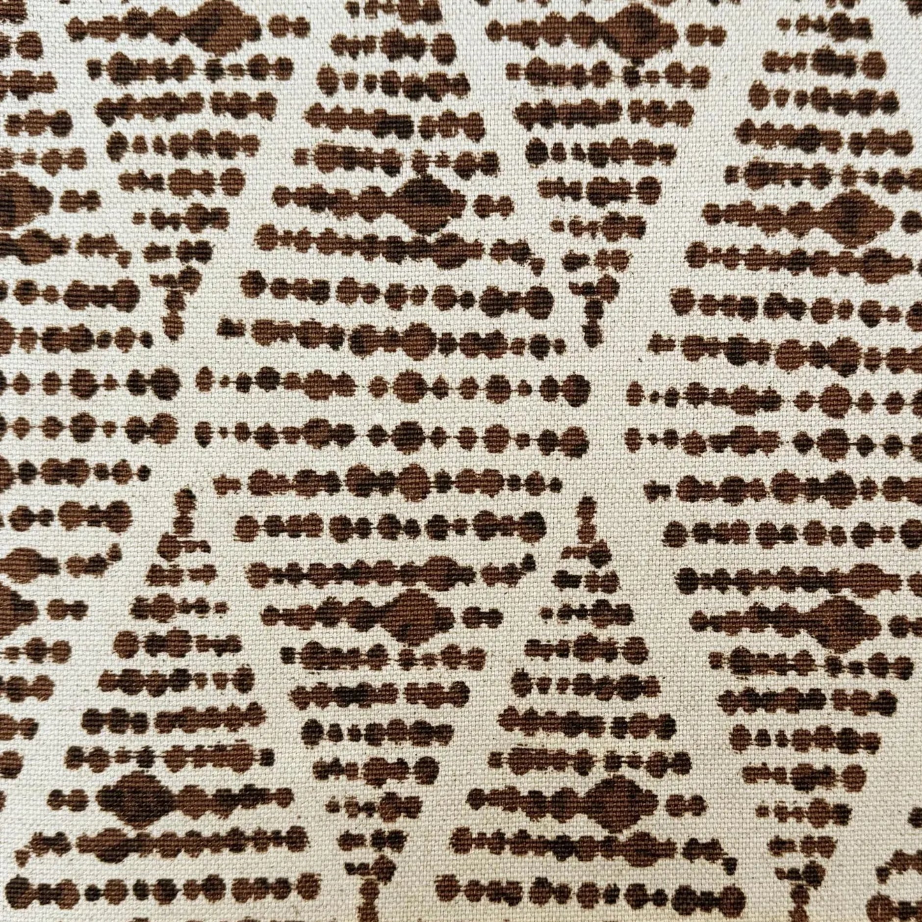 a close-up view of a fabric with a repeating pattern of brown dots and triangles. A ruler is placed in front of the fabric to provide a scale reference.