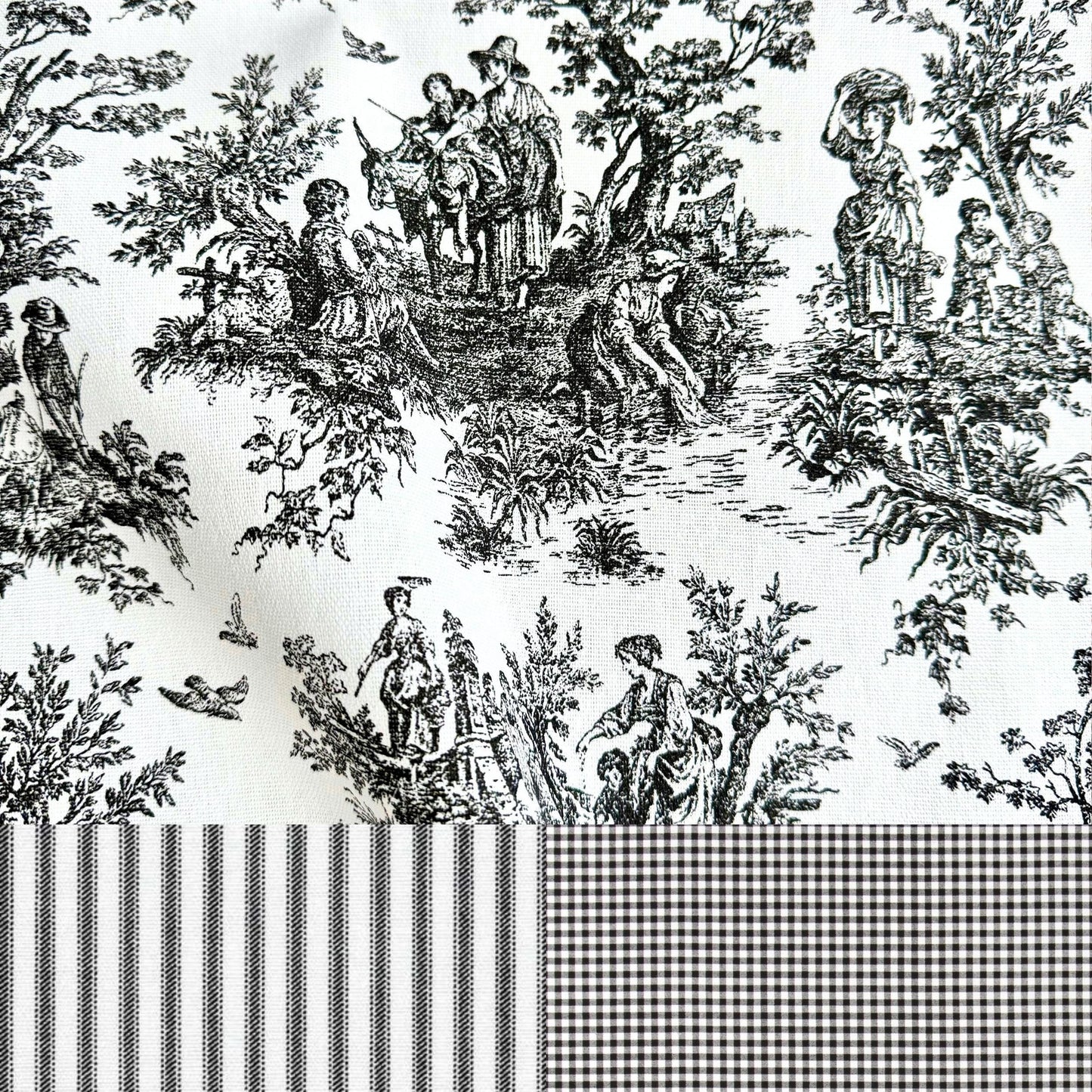 Black Toile and Gingham Cotton Fabric – French Country Quilt & Curtain Fabric by the Yard