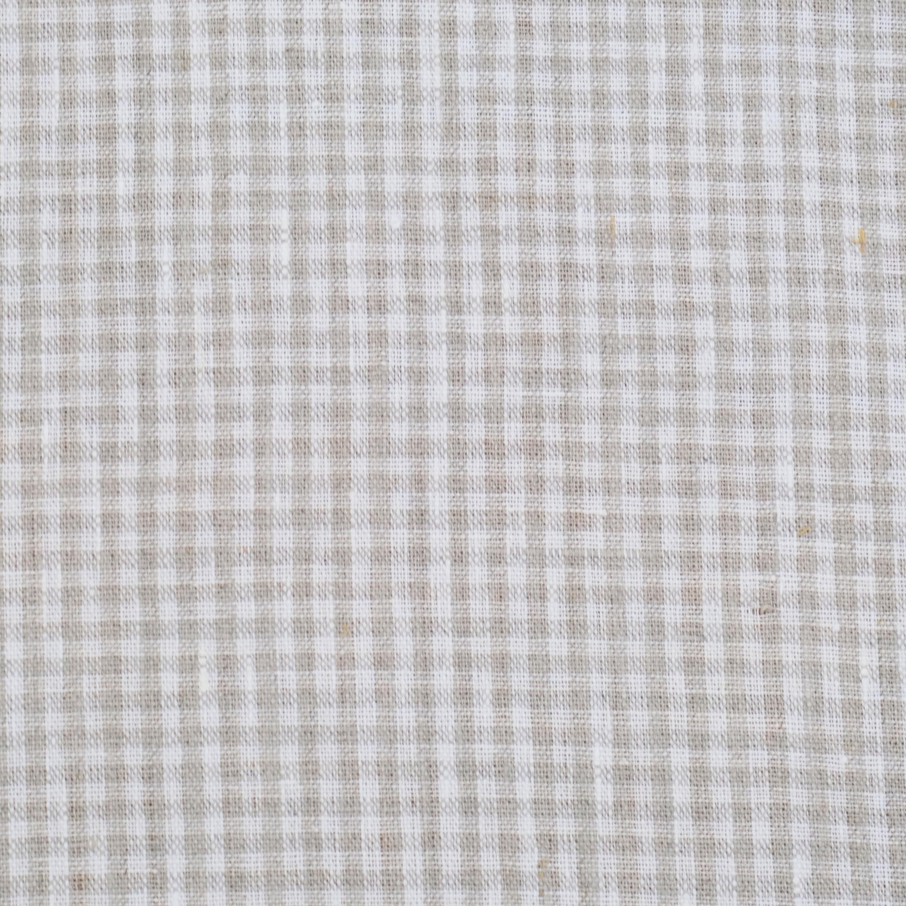 Beige gingham fabric with small neutral checks, cotton linen texture