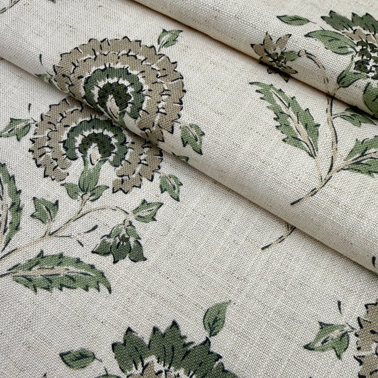 Floral block print upholstery fabric sage green