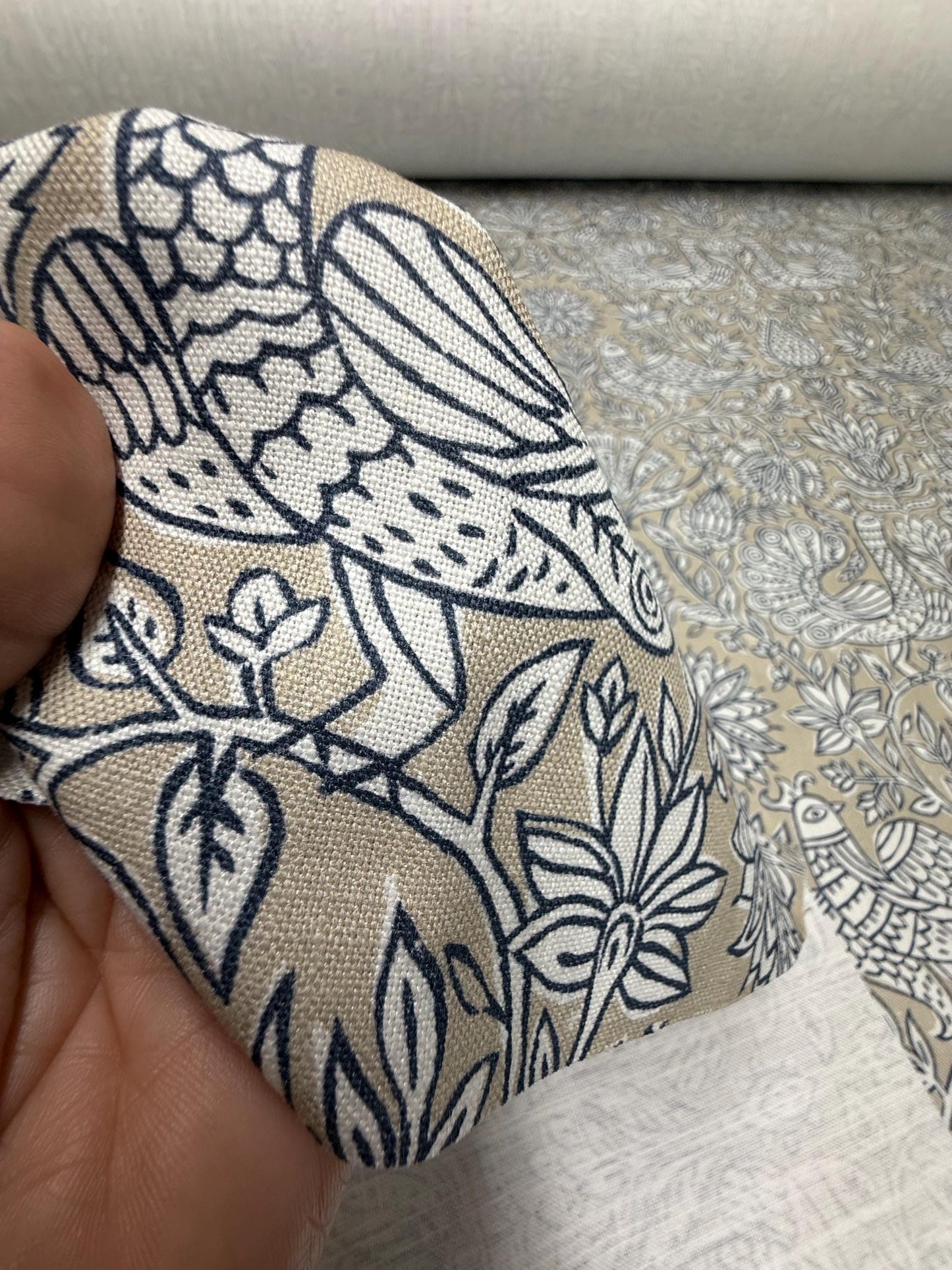 Sigrid Blue Floral Bird Print Fabric- Designer Bedroom Drapery