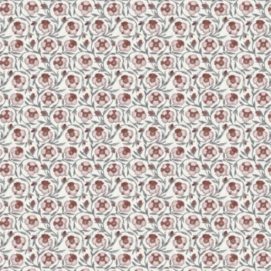 Muted red drapery textile with vintage floral pattern in dusty rose and maroon suitable for stylish home decor and upholstery