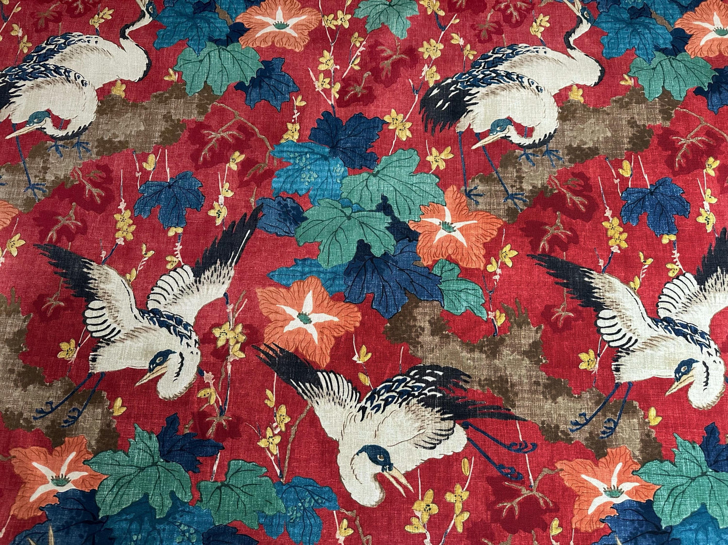Plume Crimson Red Crane Patterned Fabric- Bird & Leaf Print for Home Decor