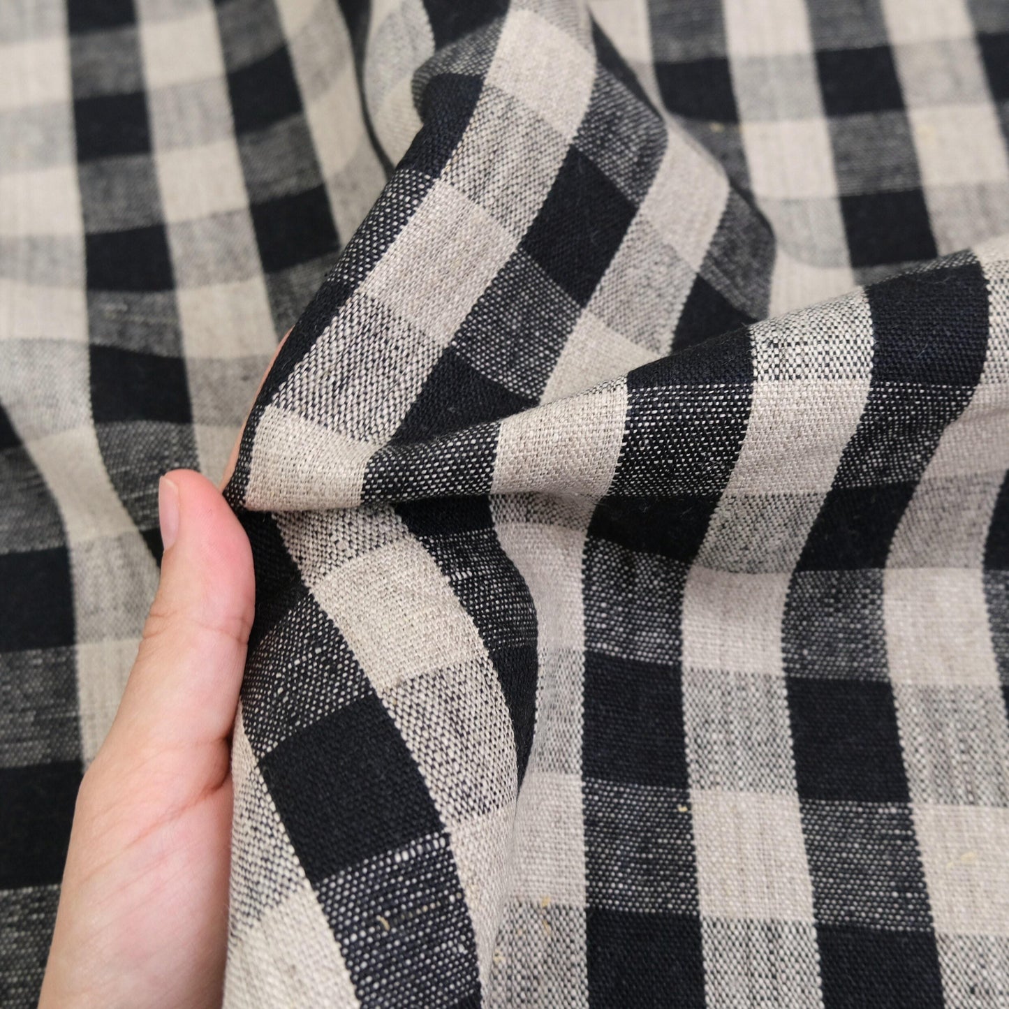 Close up Checkered Onyx Linen Cloth Dark Plaid Table Cover Large Scale Gingham Pattern Decor Textile Dark Moody Style Black Check Fabric Tablecloth