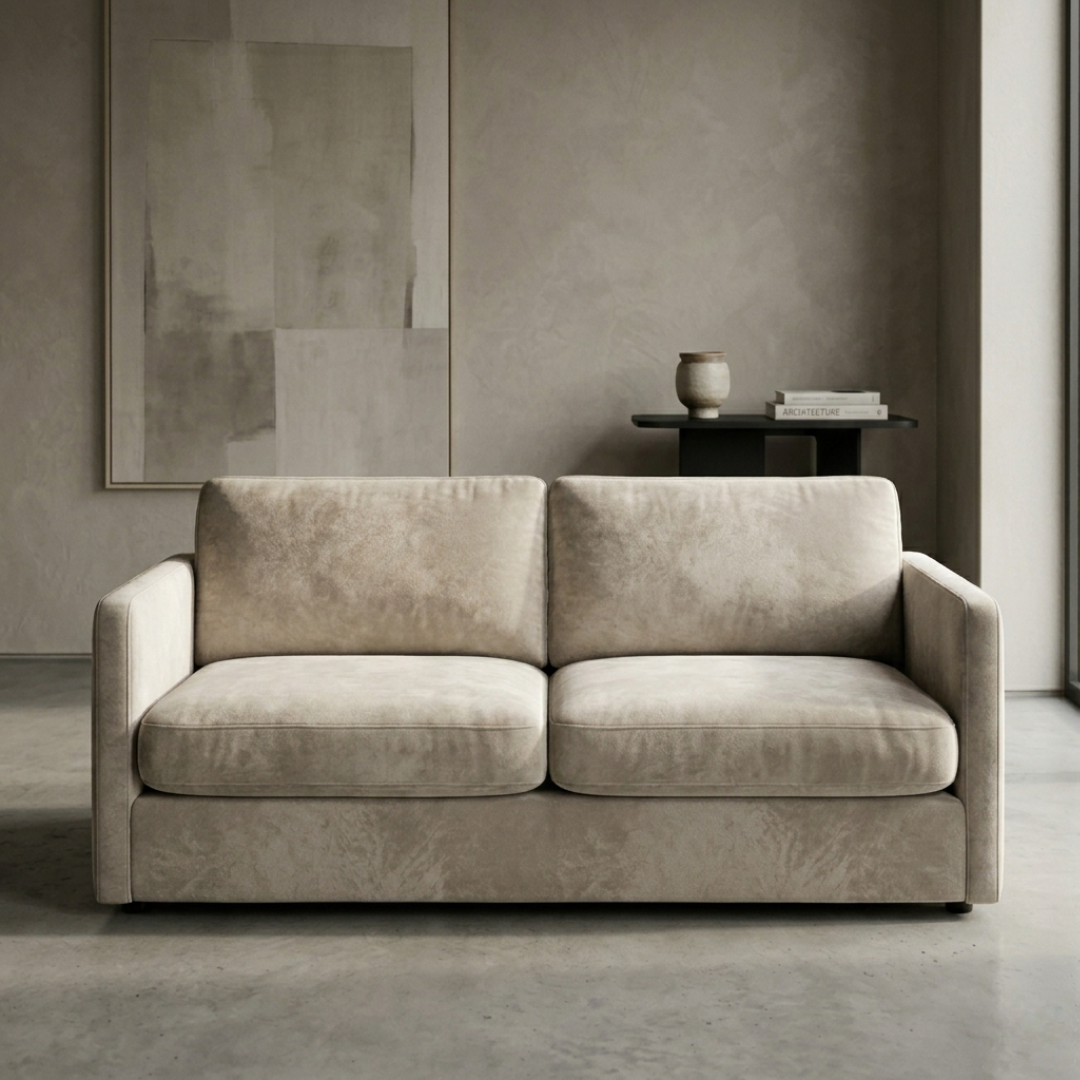 A beige sofa with a minimalist design sits in a modern living room, accompanied by a small table and a framed abstract artwork on the wall.