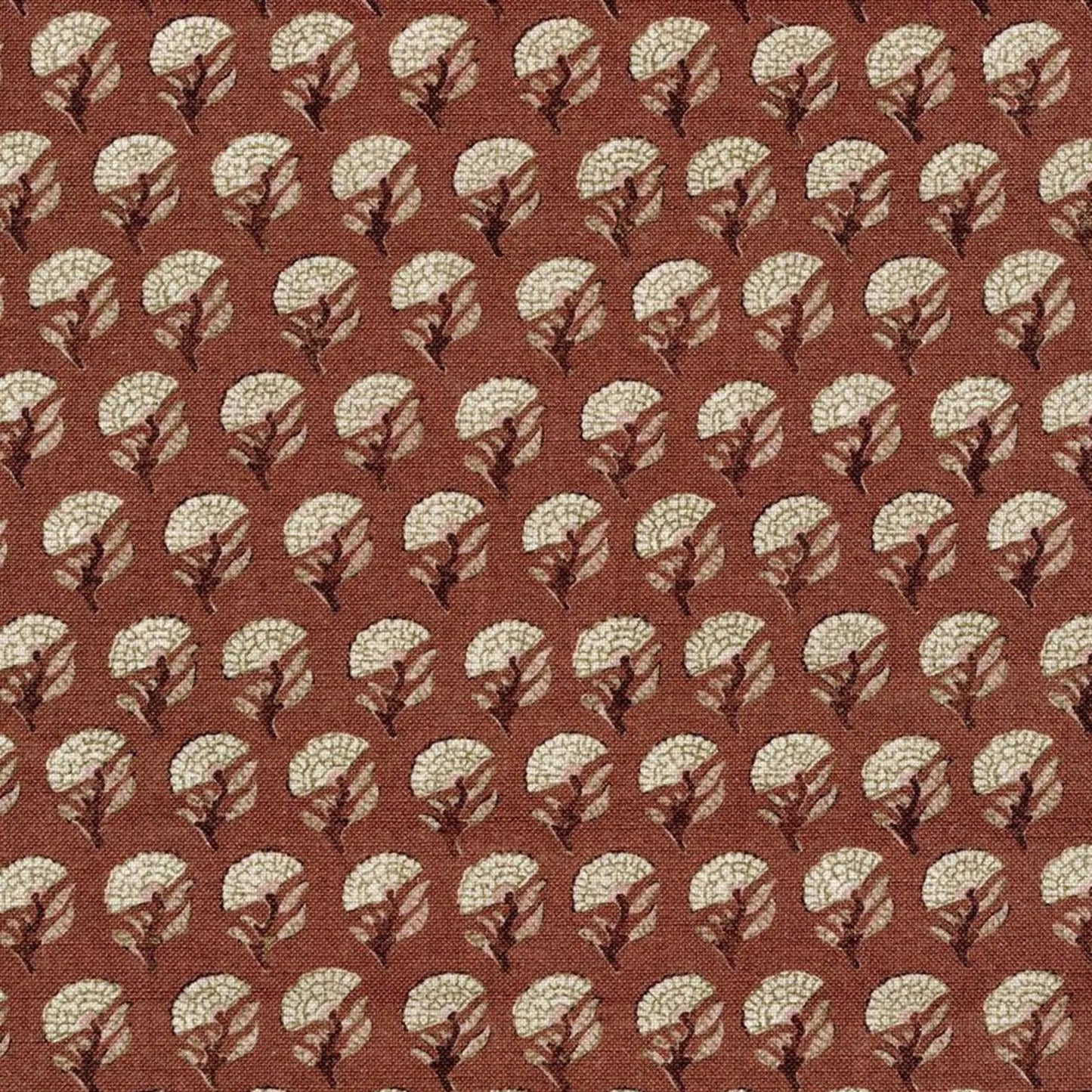 a repeating pattern of brown and white flowers or leaves on a red background.