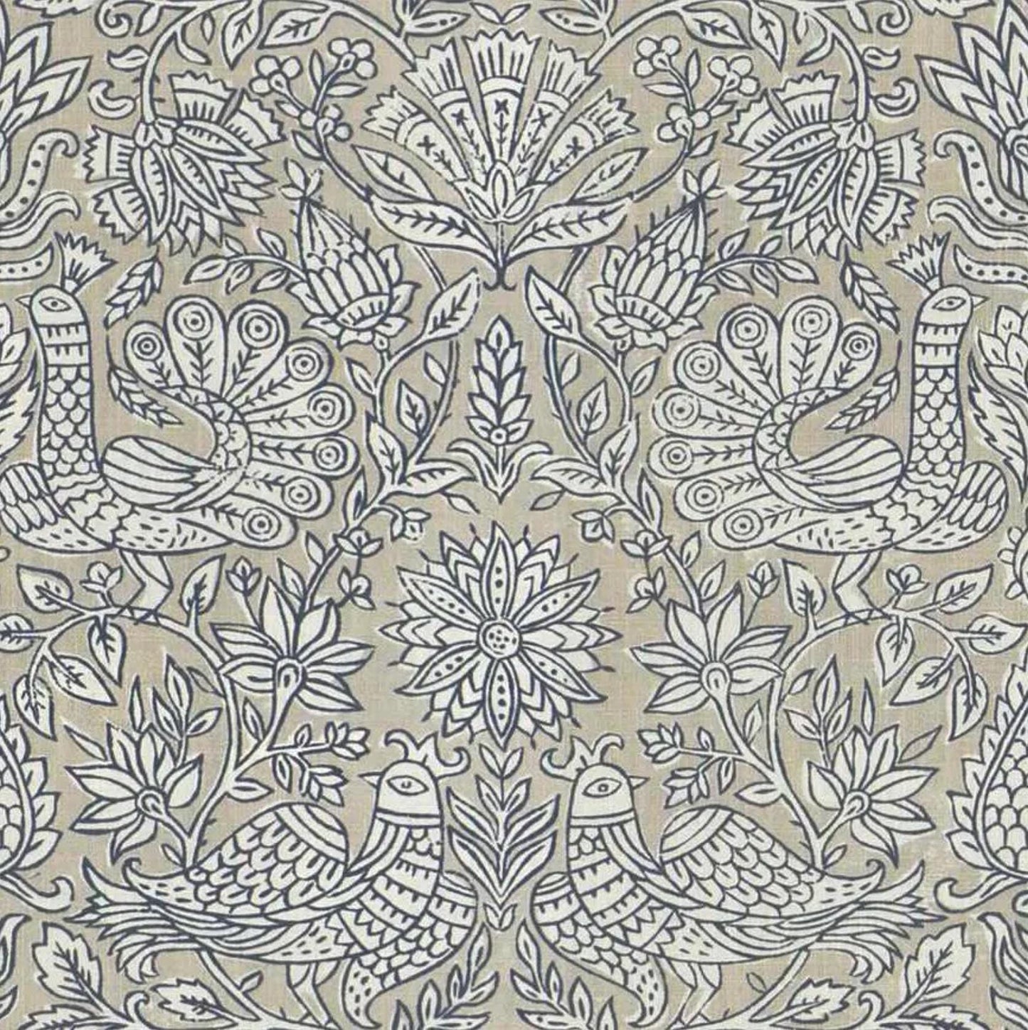 Floral Blue White Fabric Bird Print Textile Taupe Maximalist Artisanal Designer Fabric