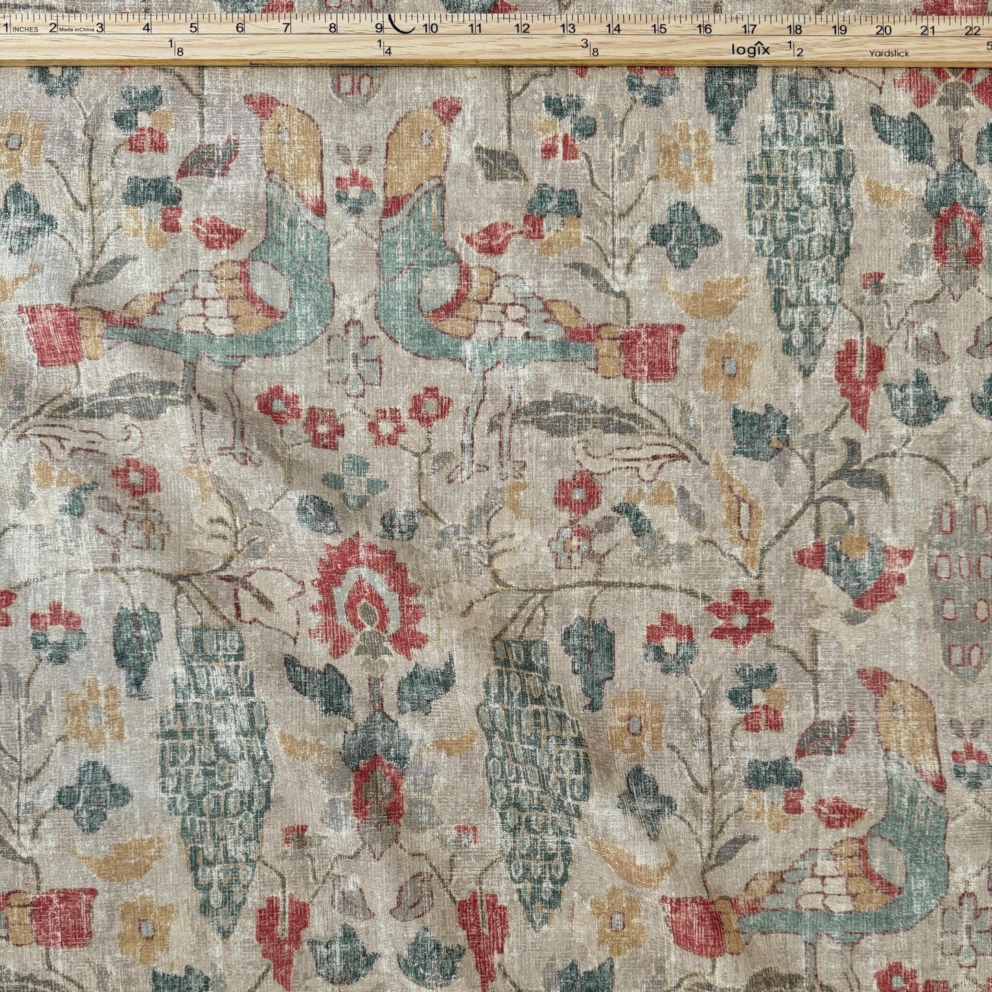 Elysian Fawn Bird and Floral Fabric- Designer Cotton for Upholstery