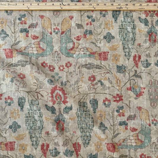 Elysian Fawn Bird and Floral Fabric- Designer Cotton for Upholstery
