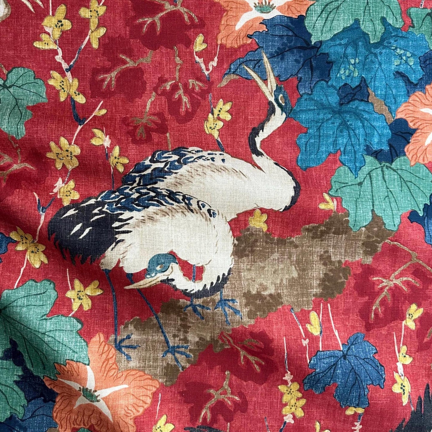 Plume Crimson Red Crane Patterned Fabric- Bird & Leaf Print for Home Decor