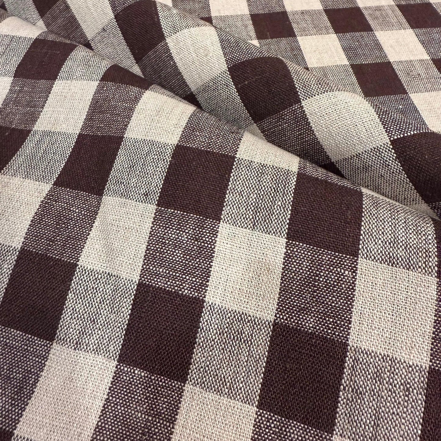 Tess Brown Check Linen Fabric- Rustic Tablecloth & Seasonal Decor