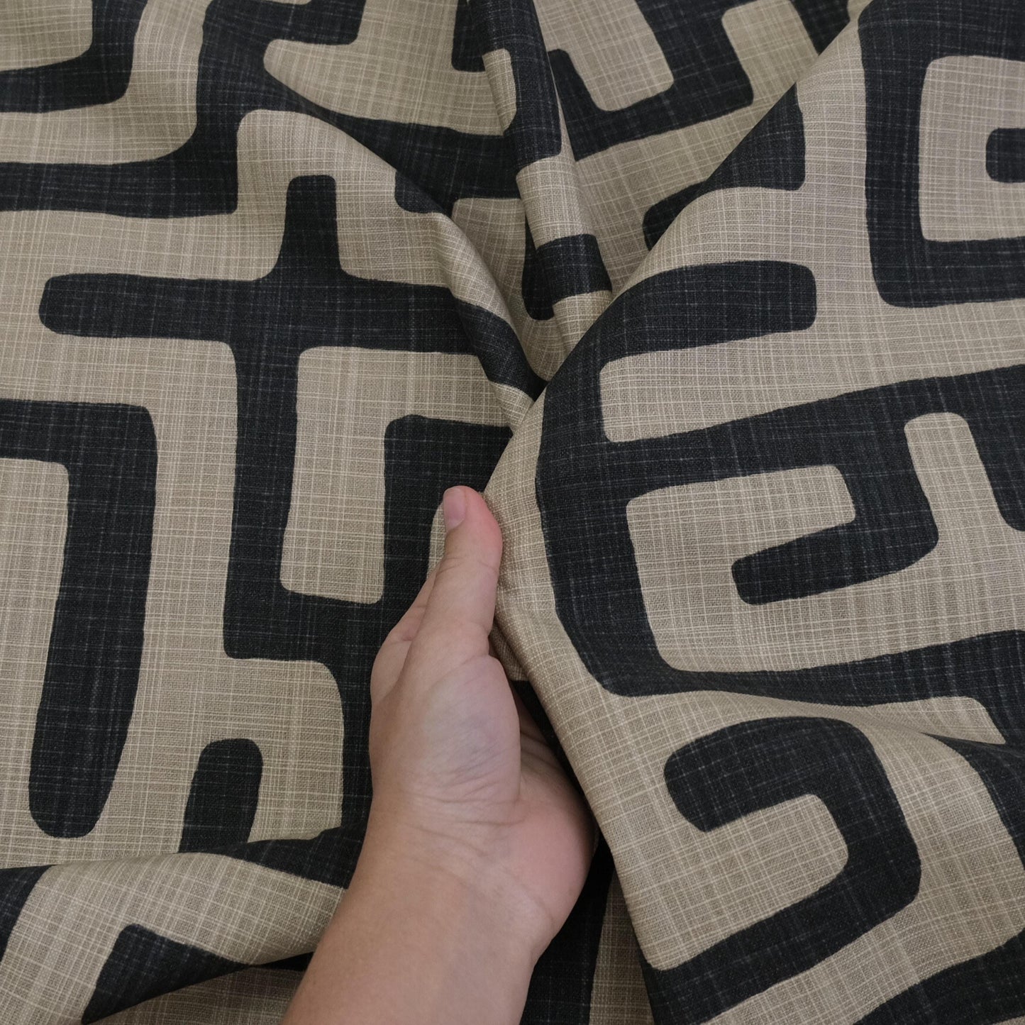Tribal Maze Fabric by Yard Graphic Black Tan Abstract Print Slub Canvas