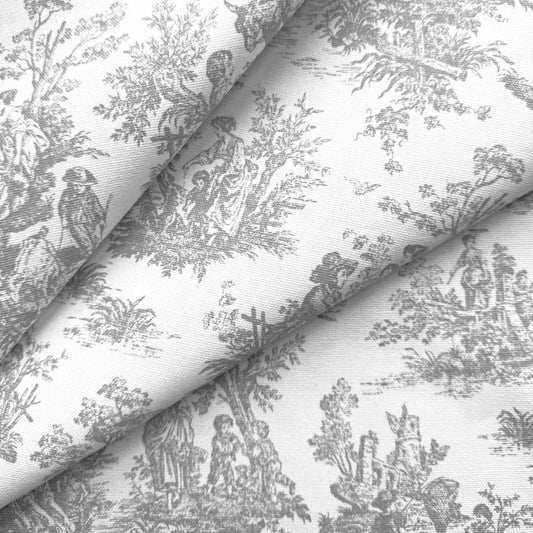 The image is a close-up of a fabric with a repeating pattern of black and white illustrations of people and nature, including trees, birds, and other elements. The pattern is intricate and detailed, creating a visually striking and textured surface.