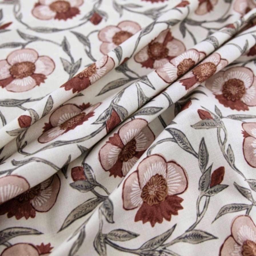 Floral fabric yardage in dusty rose with vintage-inspired design maroon accents perfect bedroom curtain material