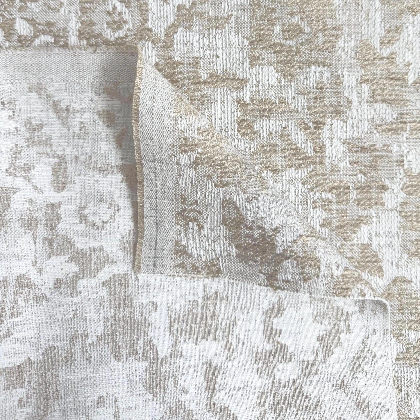 Lunara Oat Beige Woven Floral Damask Fabric- Luxury Upholstery & Table Linen
