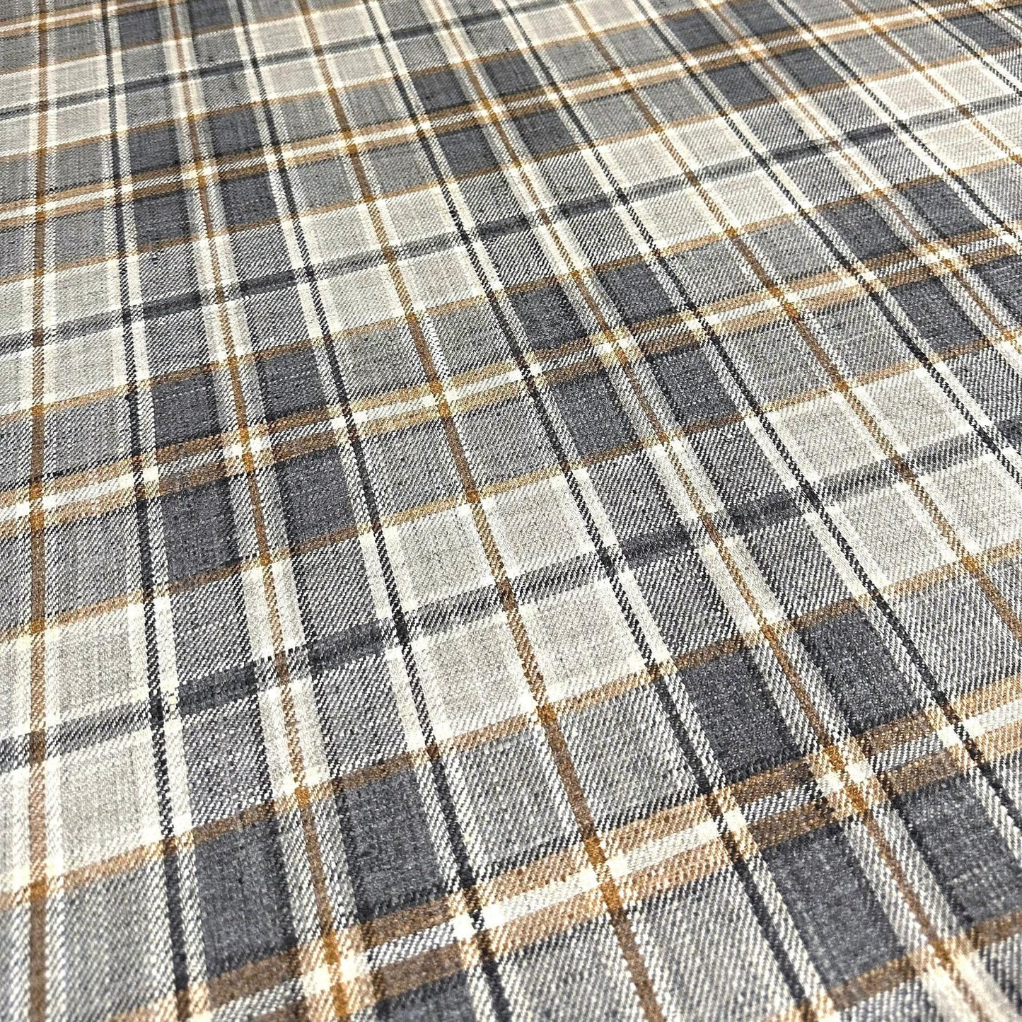 Archie Charcoal & Gold Tartan Plaid Fabric – 100% Recycled Polyester by the Yard for Upholstery, Pillows & Farmhouse Decor