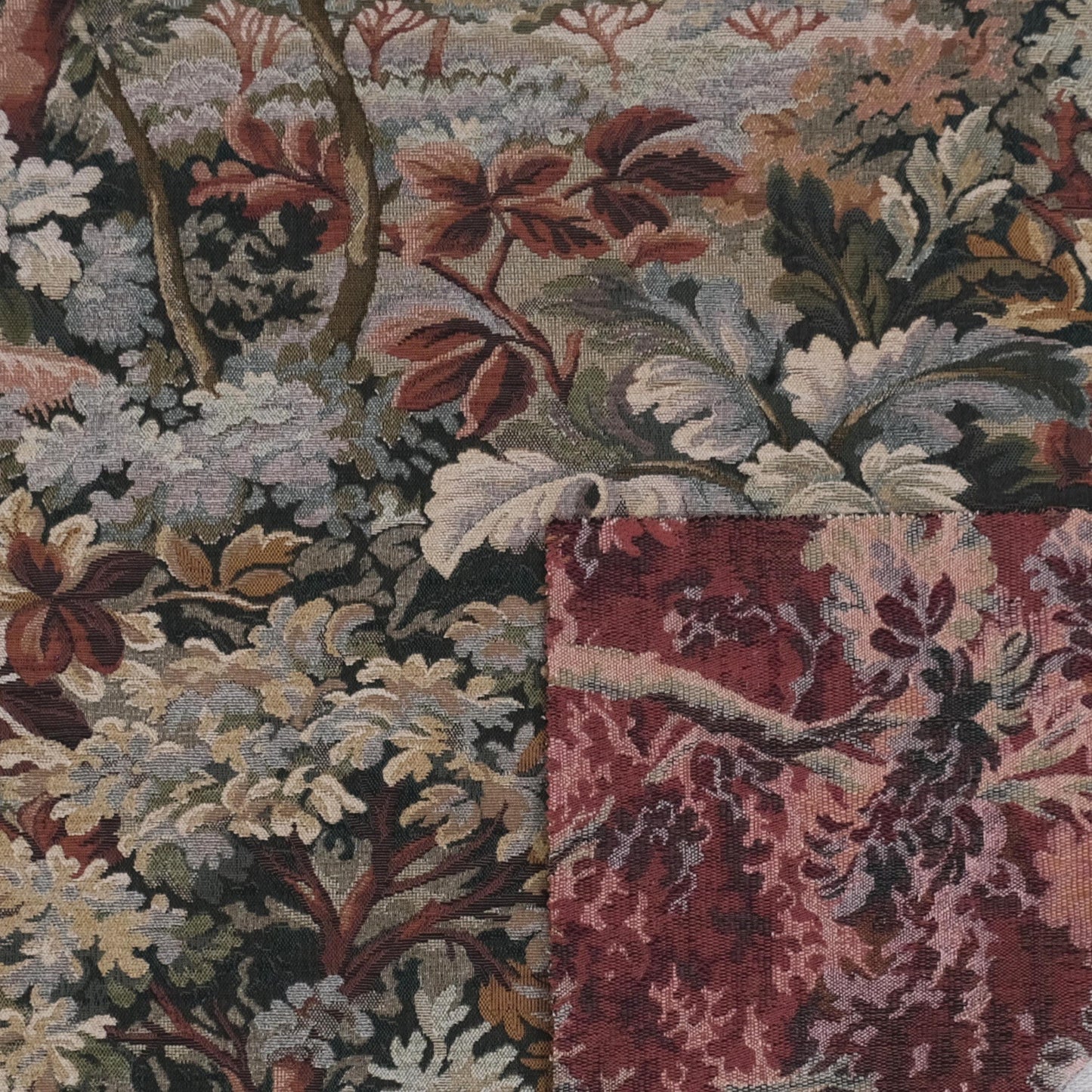 Folded tapestry upholstery fabric by the yard, scenic woven jacquard with Woodrose verdure foliage design, heavyweight upholstery material for drapery, slipcovers, cushion covers, antique reproduction textiles, vintage upholstery fabric for chairs and sofas.