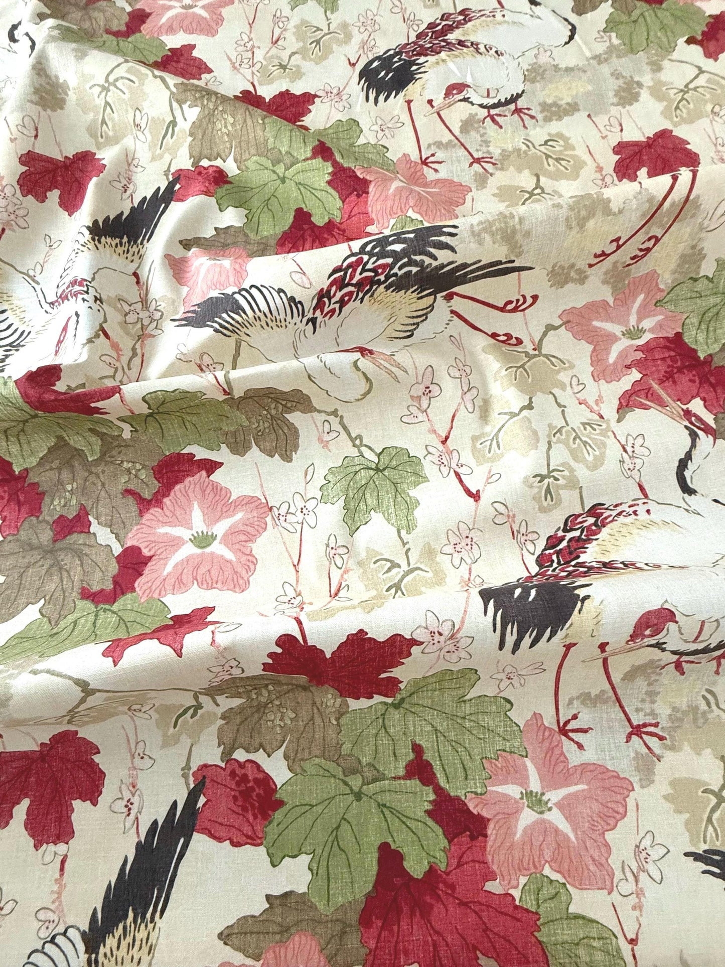 Ivory Crane Bird Print Cotton Fabric - Japanese-Inspired Textile for Home Decor