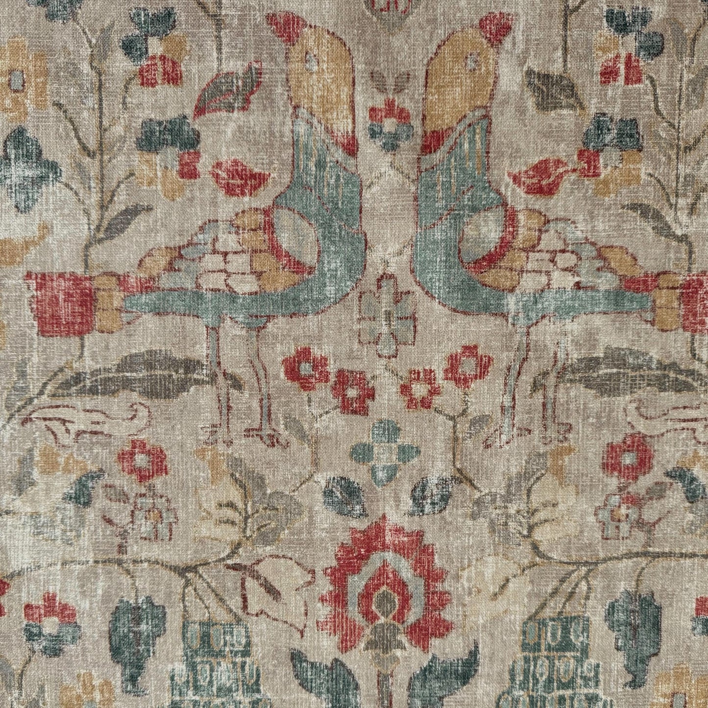 Elysian Fawn Bird and Floral Fabric- Designer Cotton for Upholstery
