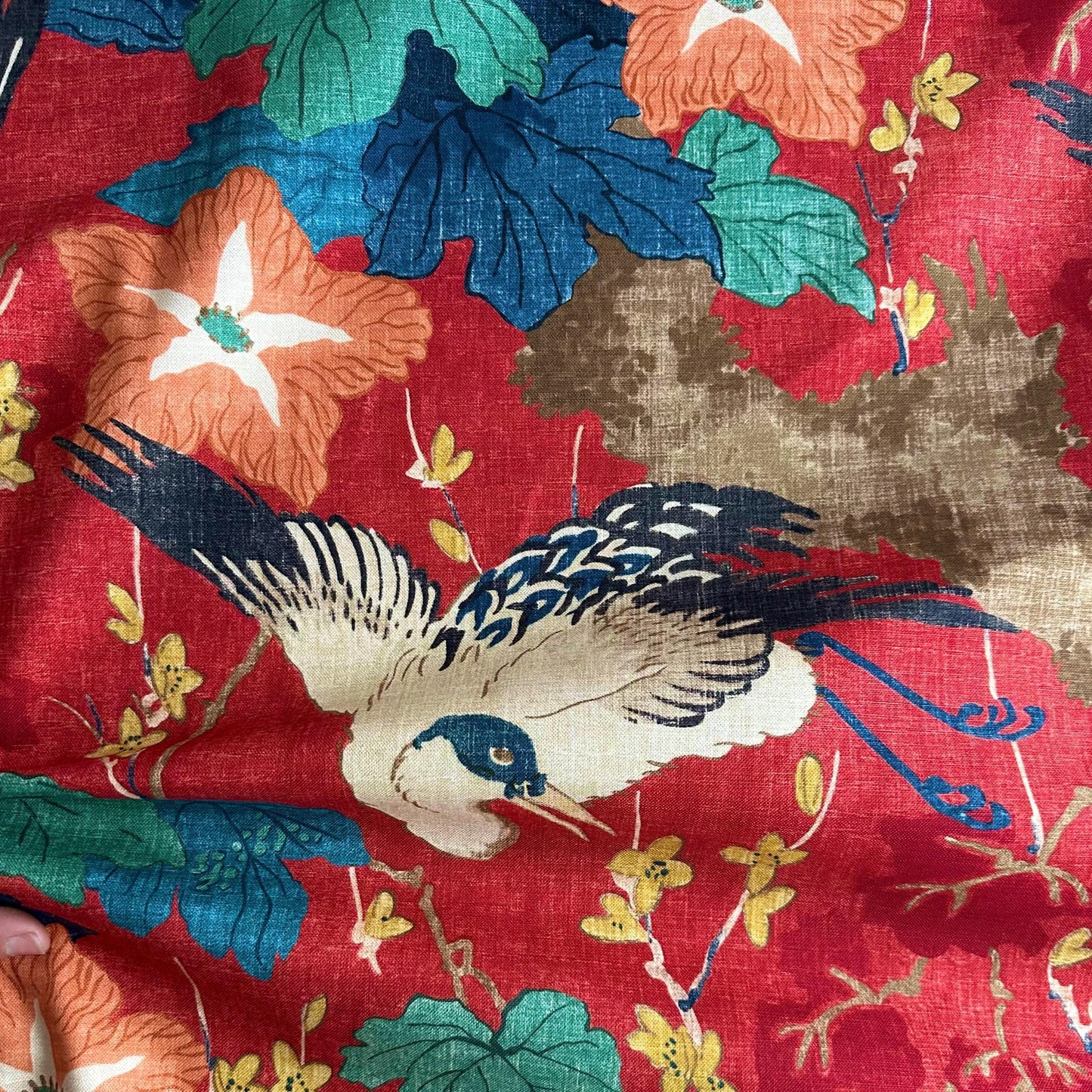 Plume Crimson Red Crane Patterned Fabric- Bird & Leaf Print for Home Decor