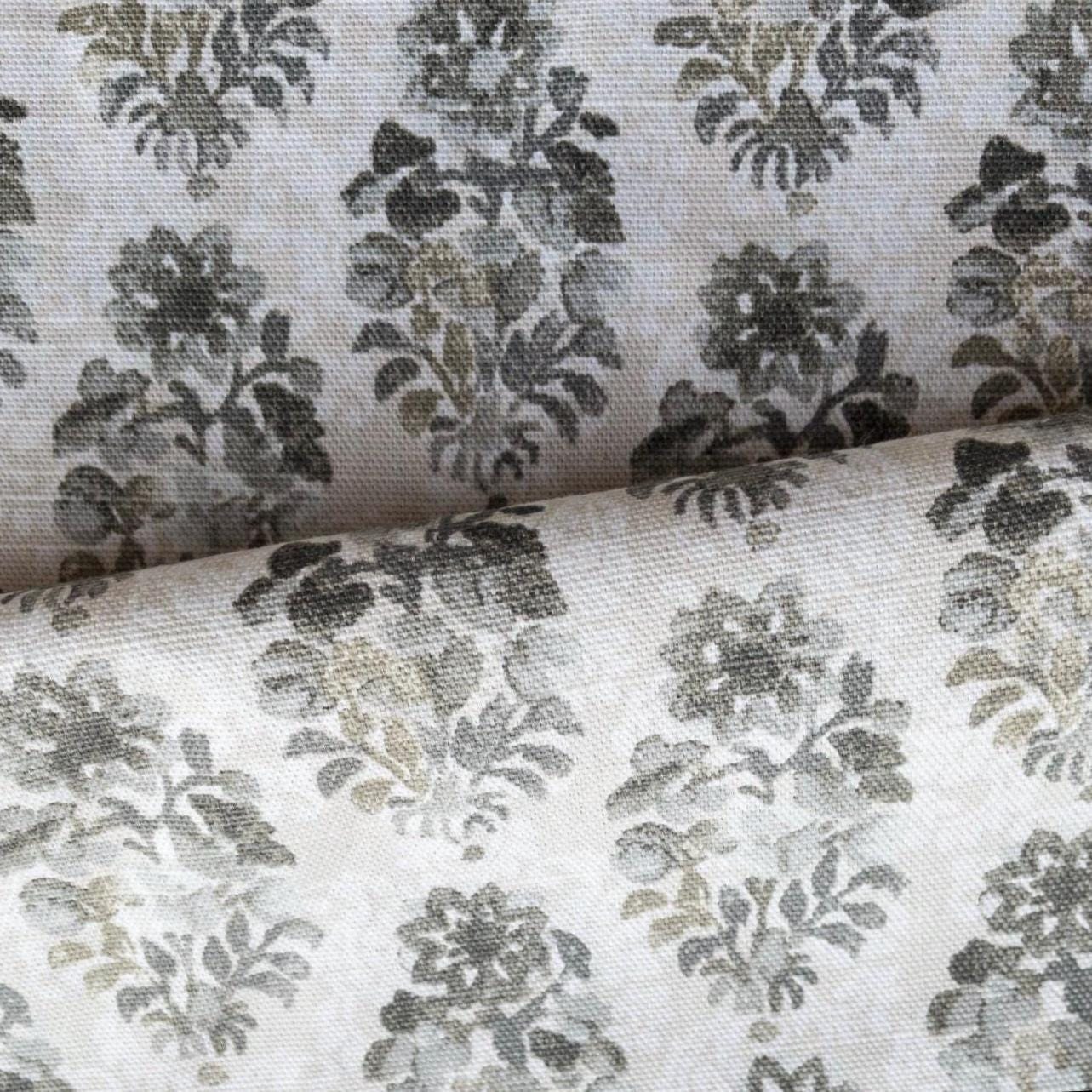 Modern Grey Floral Fabric Stone Neutral Block Print Cotton Textile for Home Decor Elegant Flower Pattern Functional Sewing Material