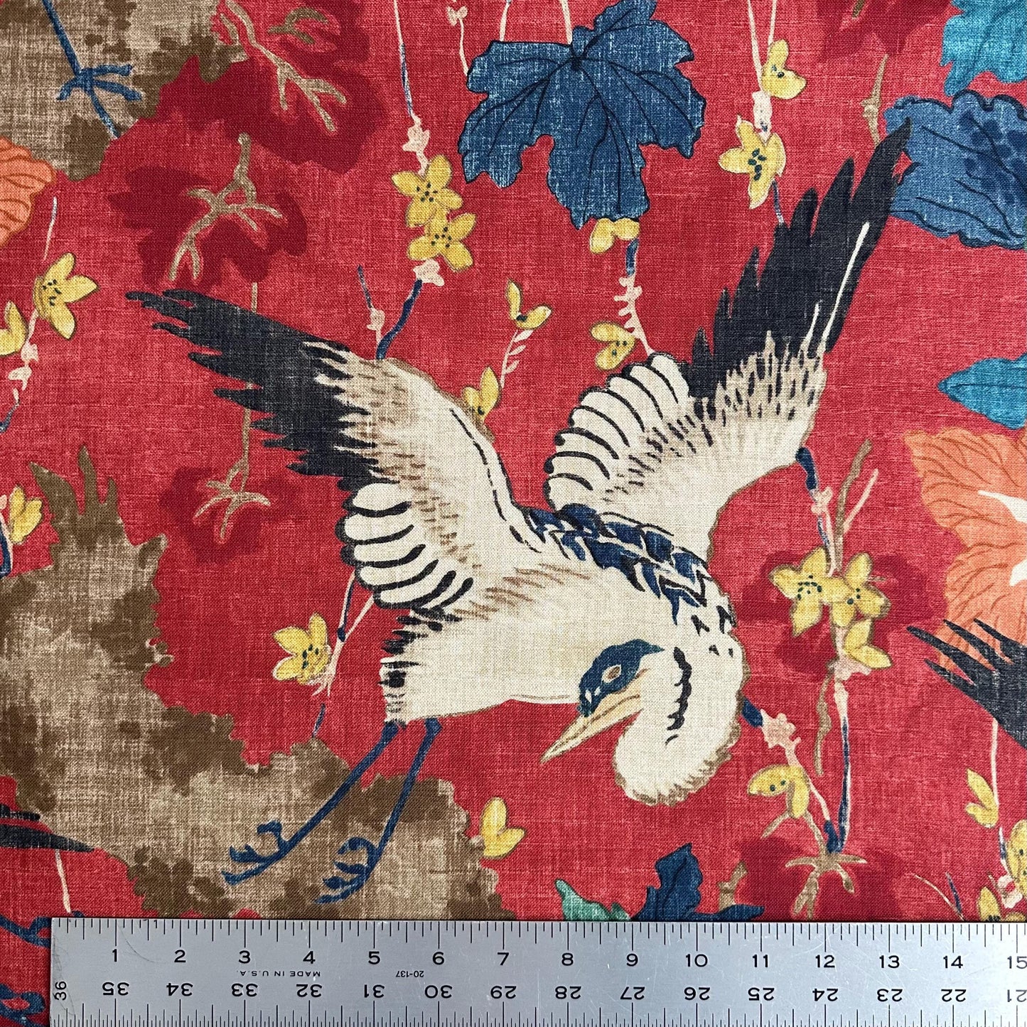 Plume Crimson Red Crane Patterned Fabric- Bird & Leaf Print for Home Decor