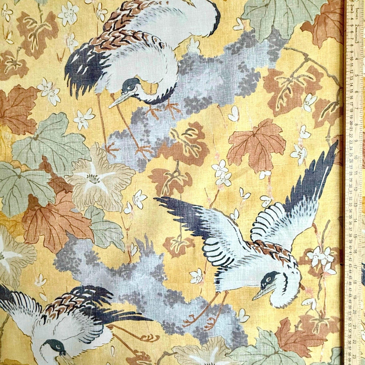 Plume Goldenrod Asian-Inspired Cotton Fabric Birds & Blossoms Design