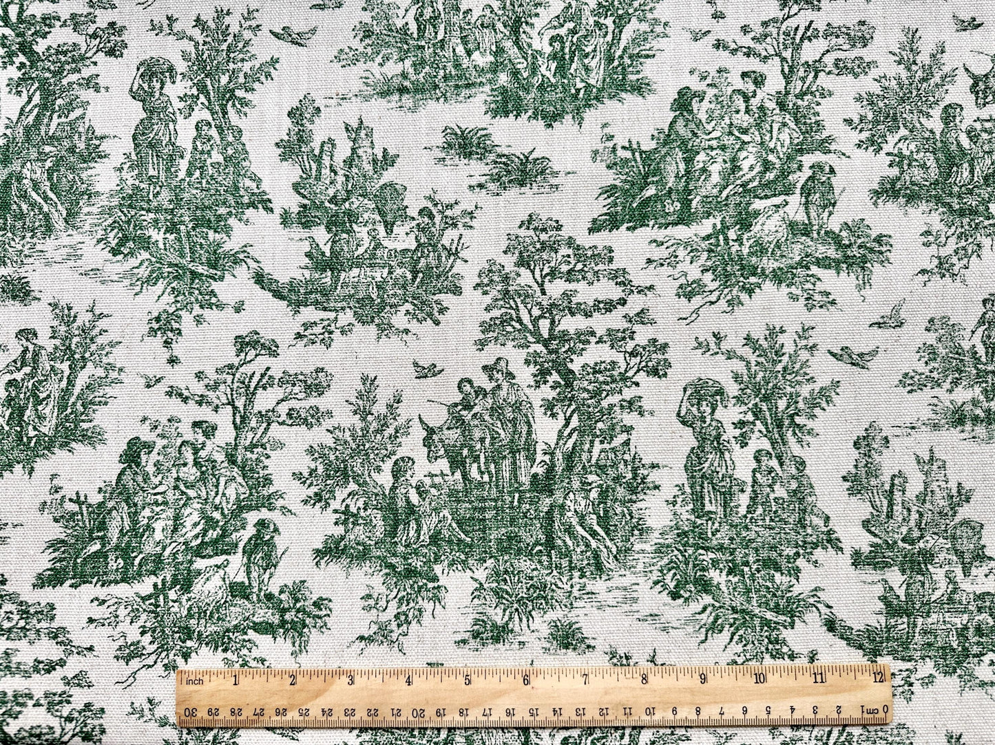Green Toile Cotton Fabric Pastoral Landscape