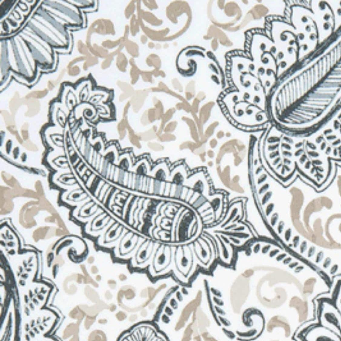 a white and blue paisley print fabric with a ruler