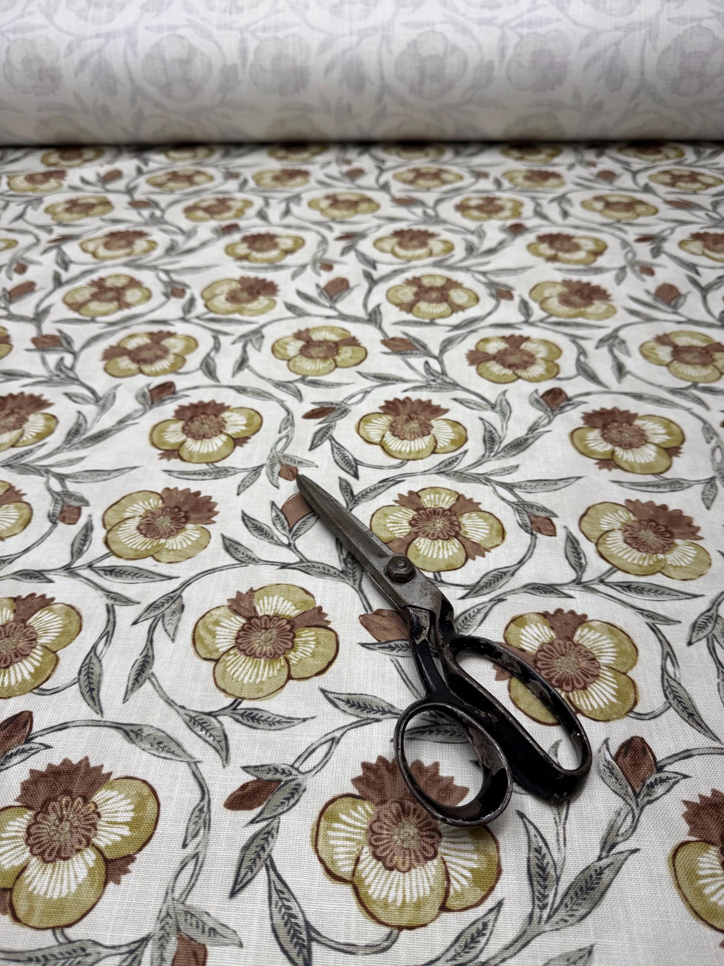 Aveline Turmeric Rust Yellow Floral Print Fabric- Designer Window Drapery & Upholstery