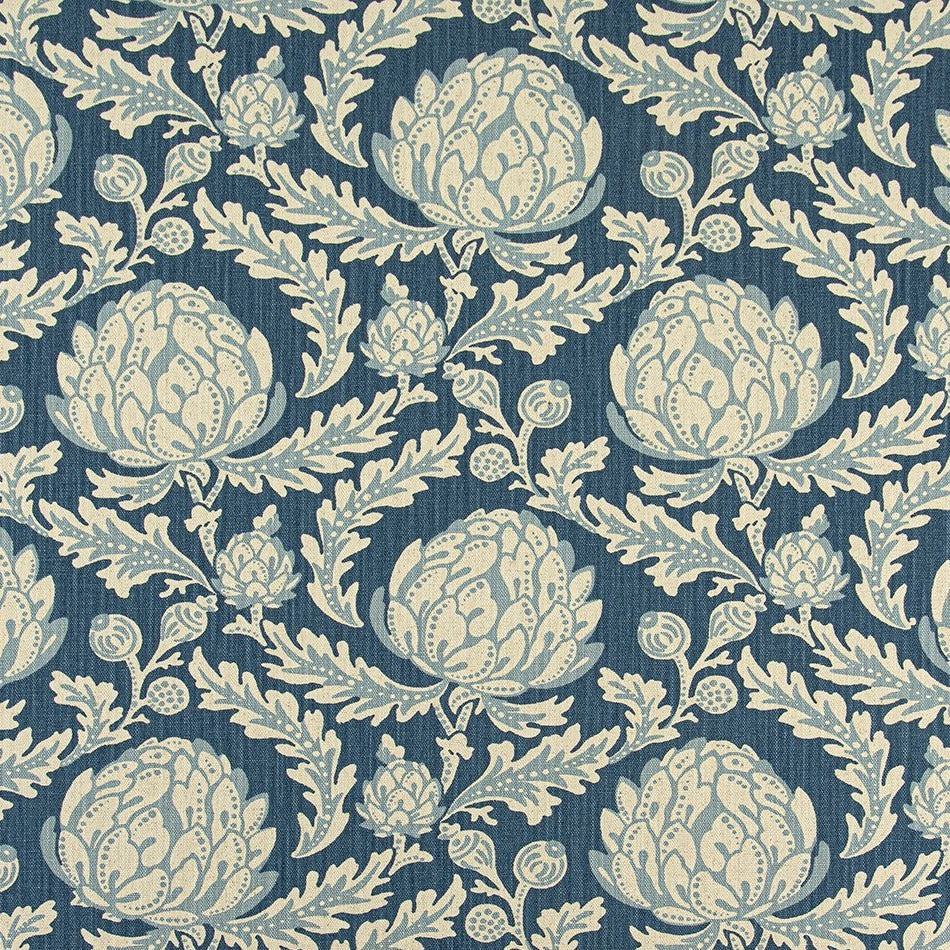 Harlow Blue botanical acanthus leaf fabric by the yard in soft blue and cream, swatch with ruler