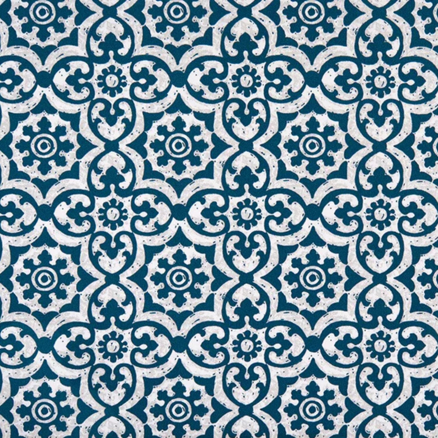 Blue outdoor fabric with repeating tile motif, durable patio and cushion fabric