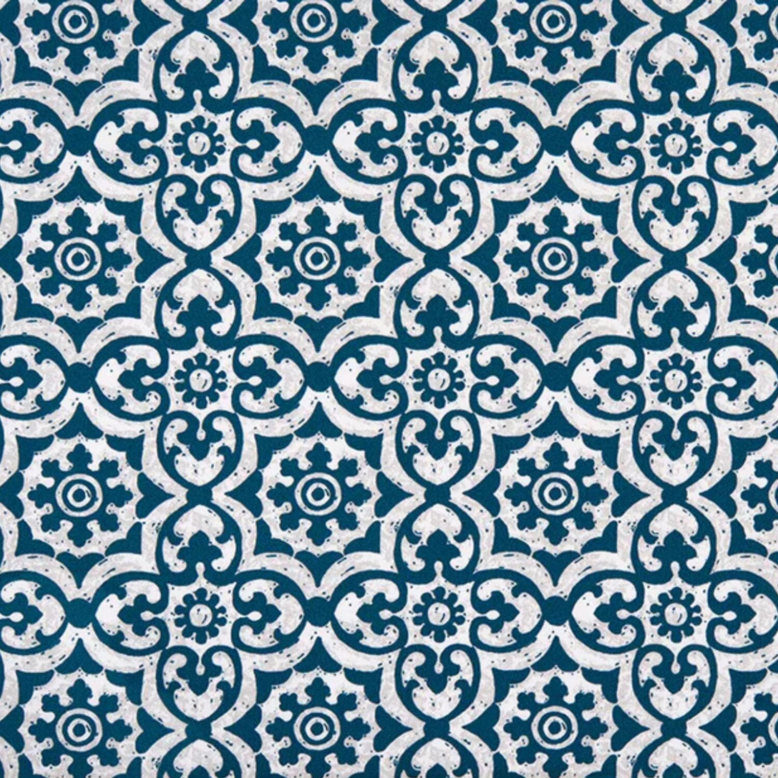 Blue outdoor fabric with repeating tile motif, durable patio and cushion fabric