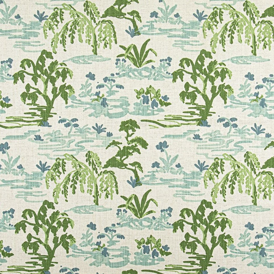 Mariglen Green willow and pond toile fabric by the yard on a natural linen look background, swatch with ruler