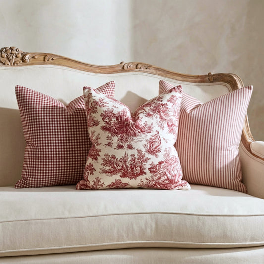 Red Toile Fabric Gingham and Ticking Stripe Coordinating