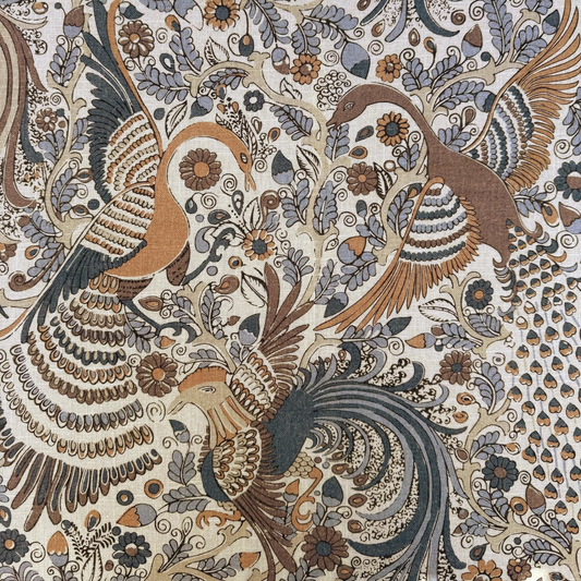 The image is a detailed and intricate tapestry featuring a variety of birds, flowers, and leaves in shades of brown, gray, and white. The overall design is ornate and visually striking, with the birds and flowers arranged in a complex and harmonious manner.