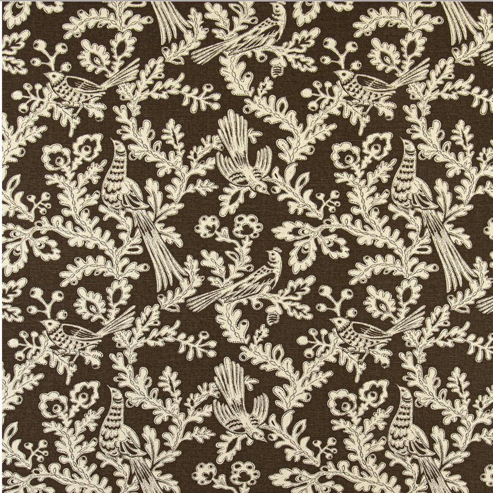 Brown bird and floral cotton fabric by the yard with whimsical traditional nature print, perfect for English Country and Cottagecore upholstery.