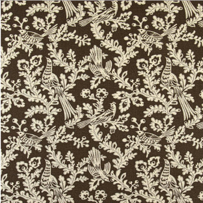 Brown bird and floral cotton fabric by the yard with whimsical traditional nature print, perfect for English Country and Cottagecore upholstery.