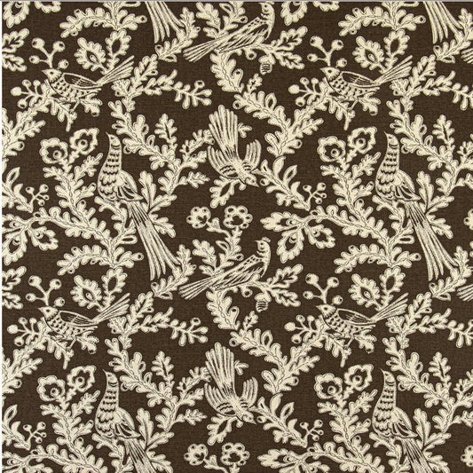 Brown bird and floral cotton fabric by the yard with whimsical traditional nature print, perfect for English Country and Cottagecore upholstery.