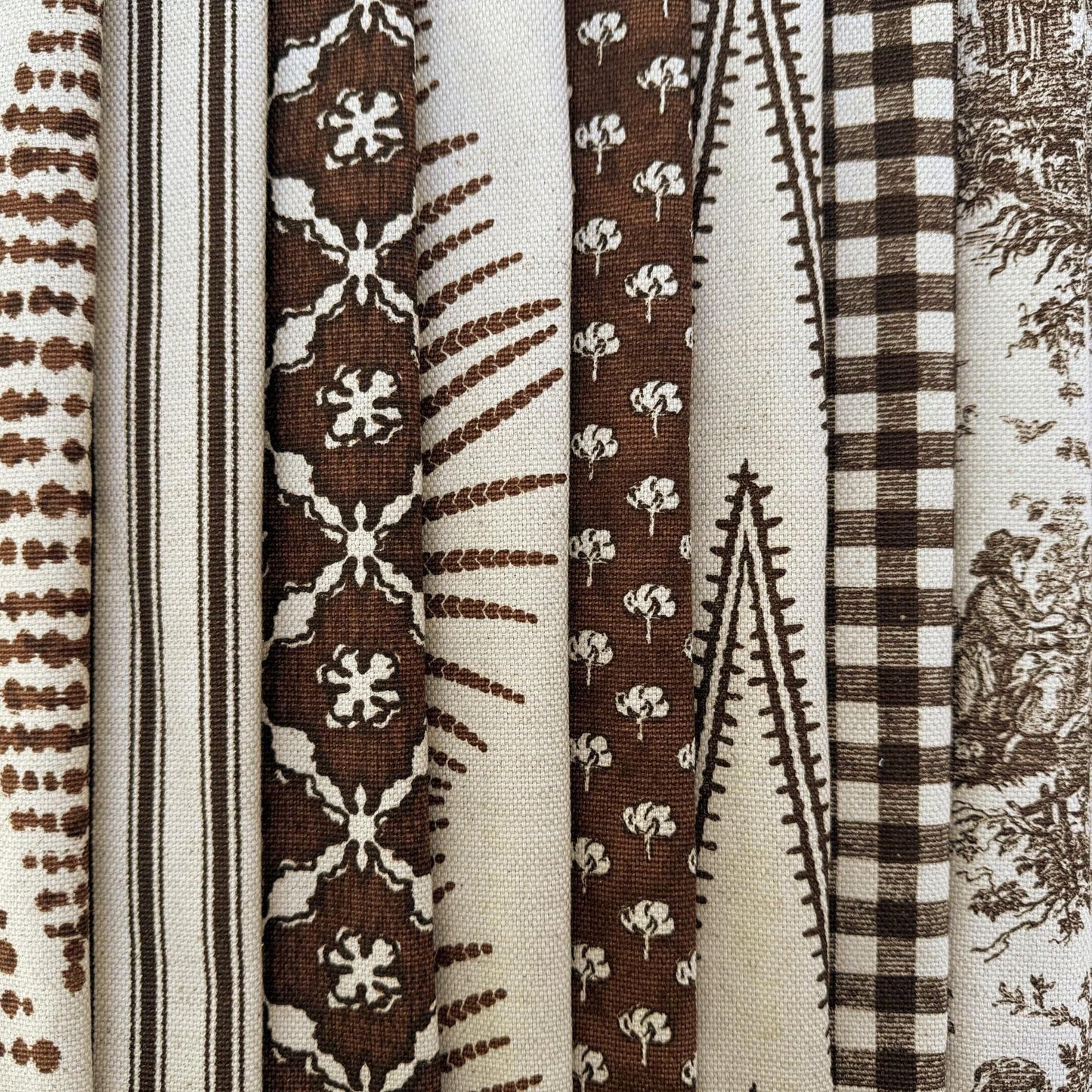 Brown Neutral Coordinating Fabric Set – Cotton Linen Upholstery Fabric by the Yard – Toile, Gingham & Stripe Designer Bundle