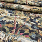 Scenic woodland upholstery fabric blue green tones