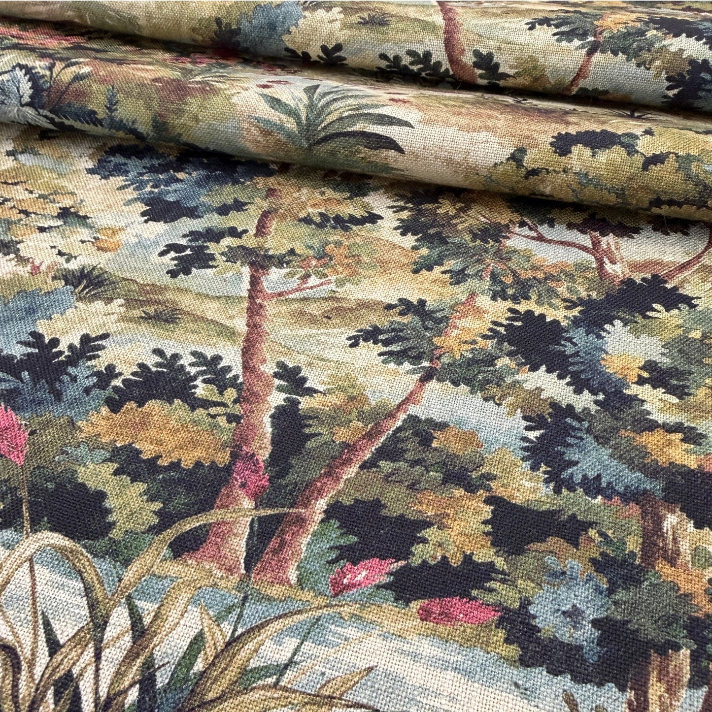 Scenic woodland upholstery fabric blue green tones