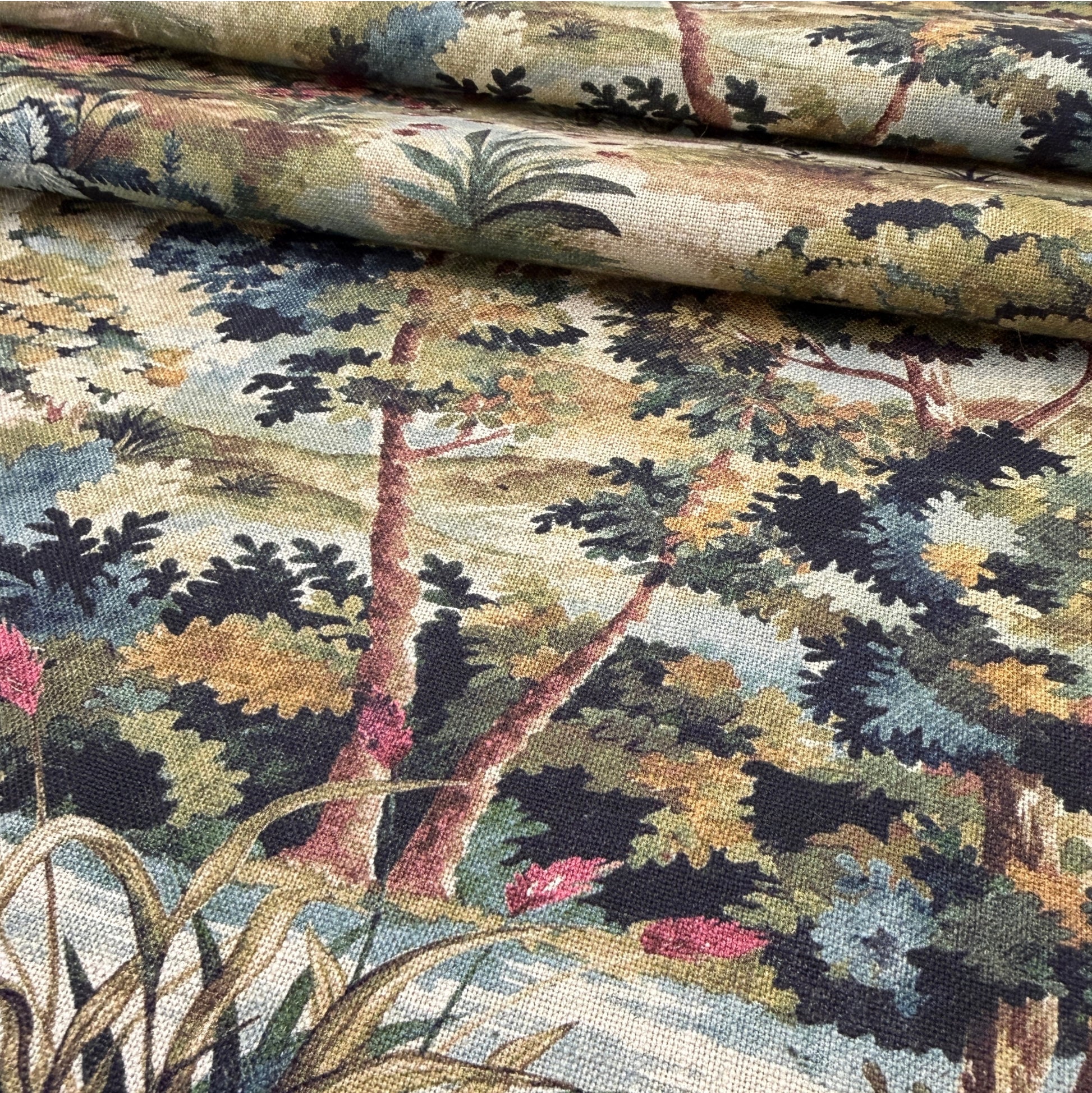Scenic woodland upholstery fabric blue green tones