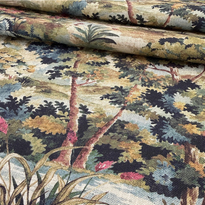 Scenic woodland upholstery fabric blue green tones